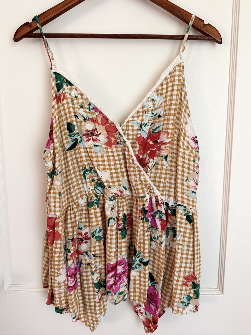 Maurices Mustard Gingham Floral Peplum Cami